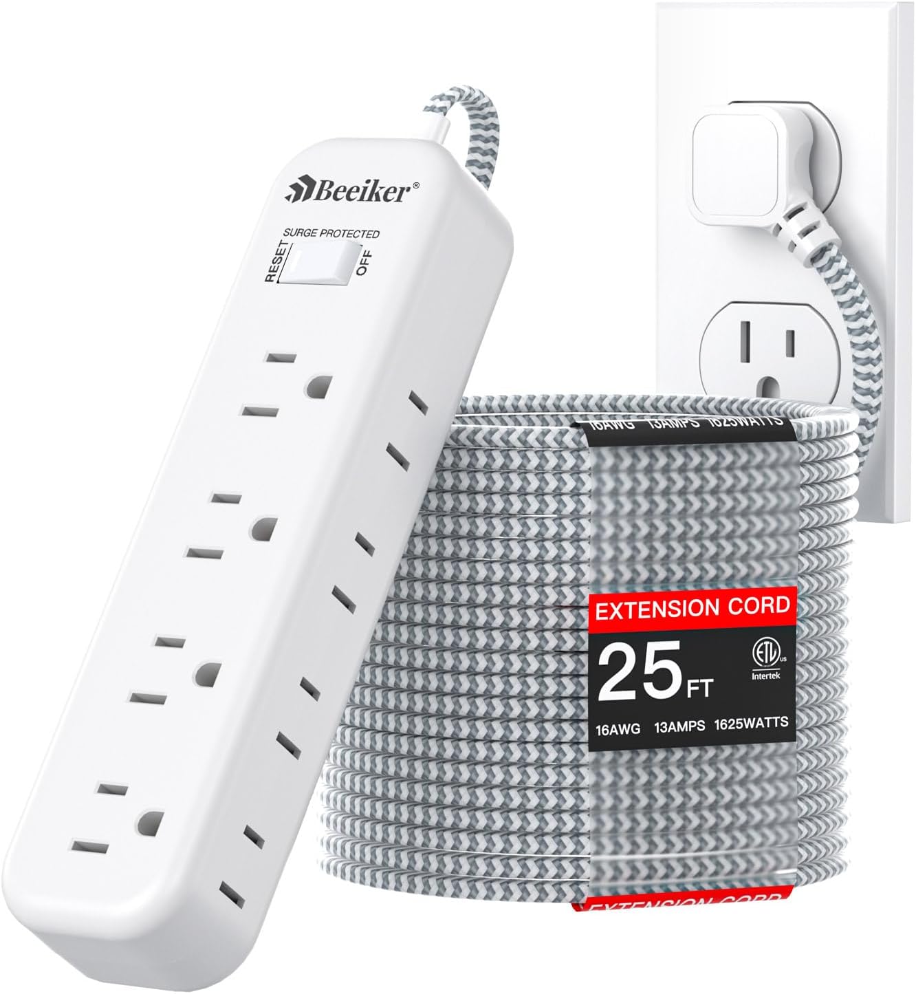 Flat Plug Extension Cord 25 ft, Surge Protector Power Strip with 8