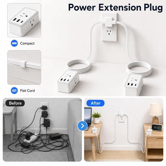 Flat Plug Power Extension Cord with 3 Outlets, Ultra-Thin Wall Tap Adapter for Beds Sofas Nightstands, Space-Saving Low-Profile Design, Flame-Retardant Plastic