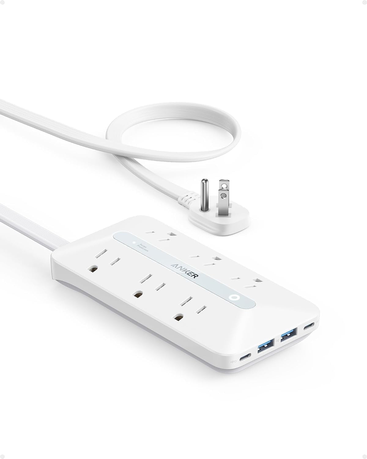 Flat Plug Power Strip(300J), Anker 20W USB C Power Strip, 10-in-1 Ultra Thin Power Strip with 6 AC, 2 USB A/2 USB C,5ft Extension Cord, Desk Charging Station,Home Office College Dorm Room Essentials