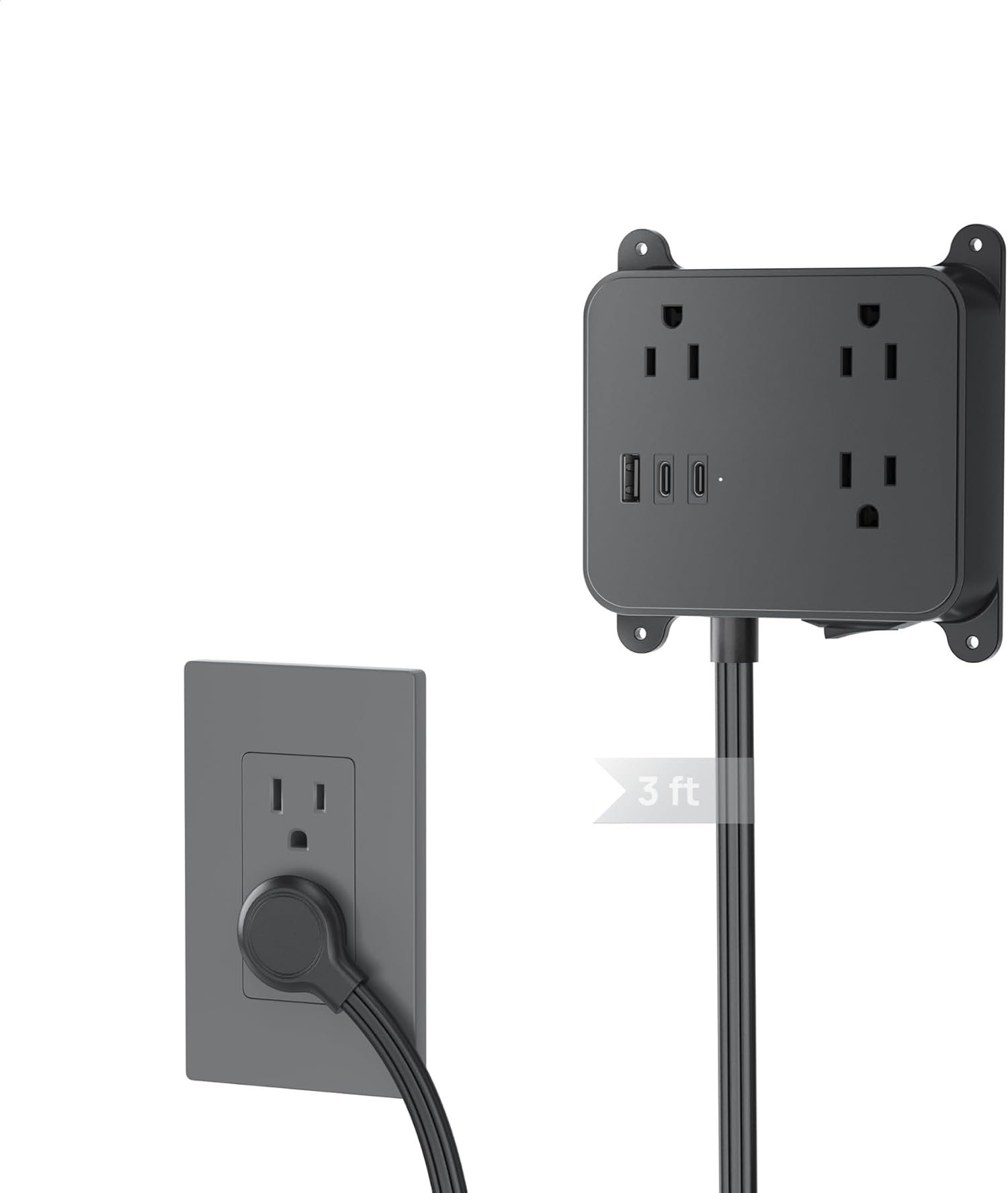 Flat Plug Power Strip, 3FT Short Extension Cord with 3 AC Outlets, Wall ...