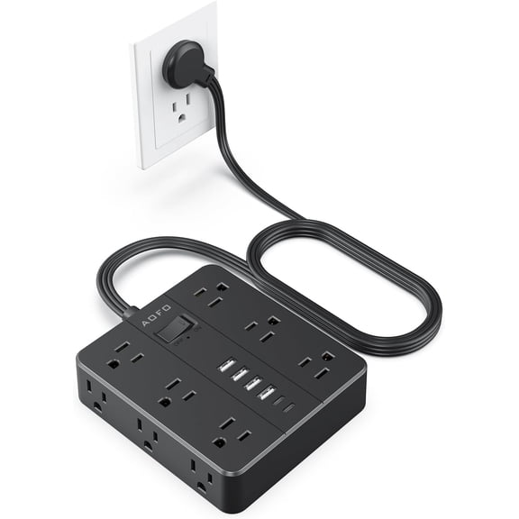 Flat Plug Power Strip, AOFO 5 Ft Extension Cord with 12 Outlets & 6 USB Ports (4 USB-A, 2 USB-C), Surge Protector, Ideal for Home, Office, Dorm, Large Spaces, Reliable and Safe, Black