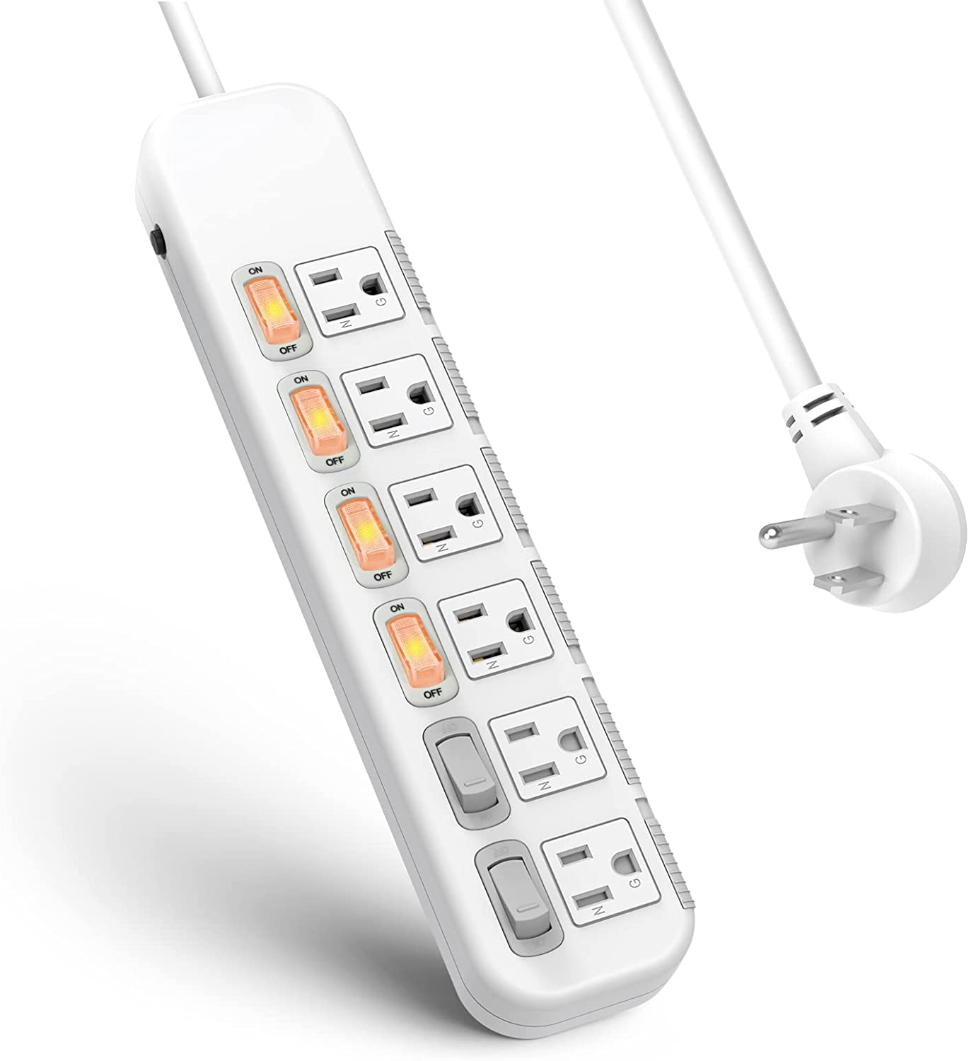 Flat Plug Power Strip Individual Switches, Extension Cord 6 feet, 6