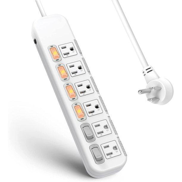 Flat Plug Power Strip Individual Switches, Extension Cord 6 feet, 6