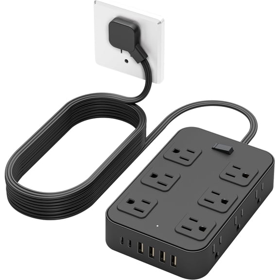 Flat Plug Power Strip Surge Protector with 12 AC Outlets 6 Ports 3 Side Multi Plug Outlet Extender 10 Ft Extension Cord for Office Kitchen Dorm Wall Desk Station ETL Listed