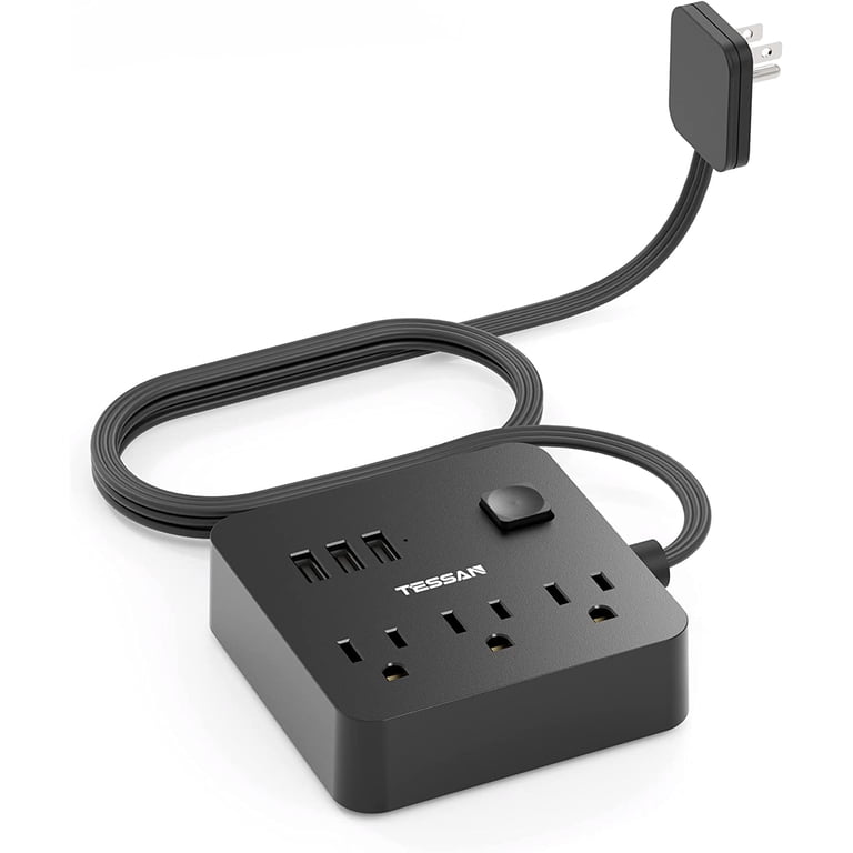 Flat Plug Power Strip With 3 Outlets & 2 USB Ports - Desk Mount Surge Protector, 10ft Cord