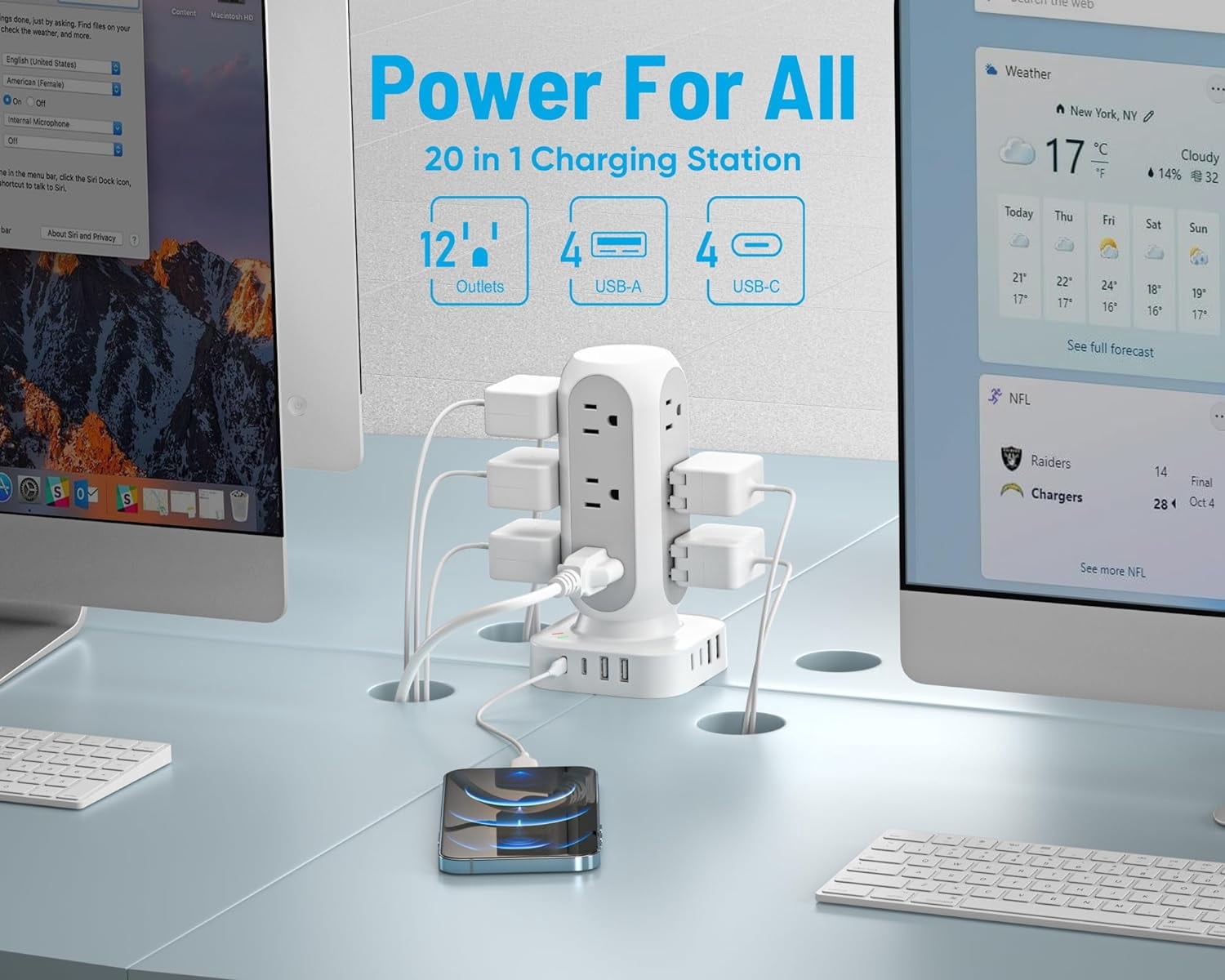 Power Plug Riser Flat Plug Power Strip Tower 10FT, 40W Total Fast Charging Station, Dual ...