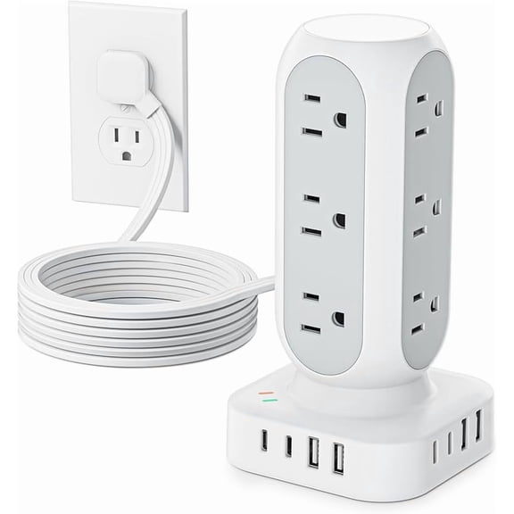Flat Plug Power Strip Tower 10FT, 40W Total Fast Charging Station, Dual PD 20W USB-C Surge Protector with 12 AC Outlets and 8 USB Ports (4 USB C), Long Extension Cord for Home Office Dorm Room