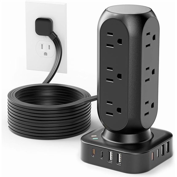 Flat Plug Power Strip Tower 10FT, 40W Total Fast Charging Station, Dual PD 20W USB-C Surge Protector with 12 AC Outlets and 8 USB Ports (4 USB C), Long Extension Cord for Home Office Dorm Room