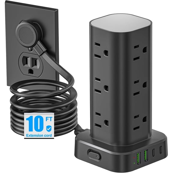 Flat Plug Power Strip Tower Surge Protector, 10FT Flat Extension Cord with Multiple Outlets, 12 AC Outlets, 4 Ports (2 C) Station for Office Dorm Room Travel (Black)
