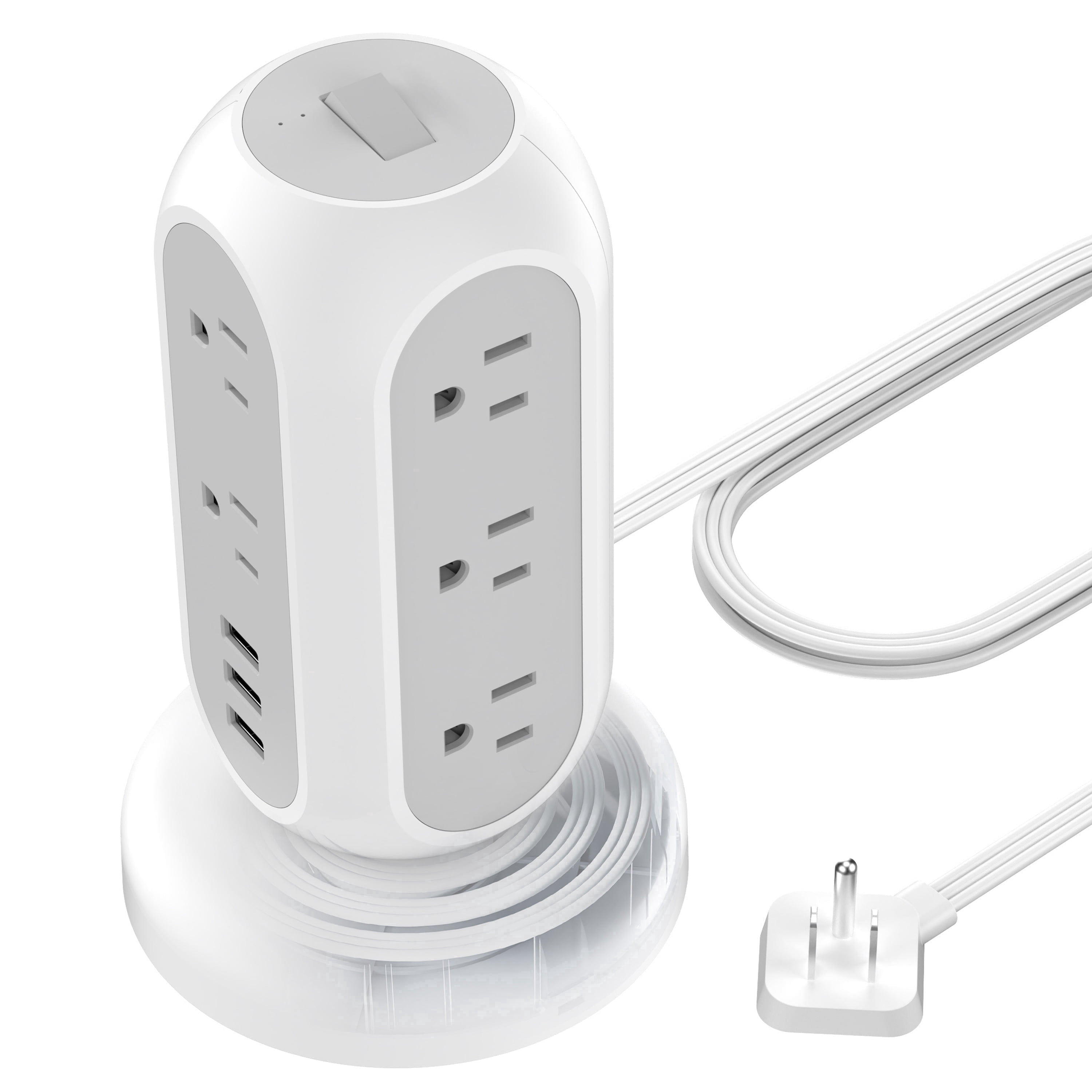 11-Outlet Spinning Charging Tower,  Power Strip with 5ft Ultra Thin Retractable Extension Cord and 3 USB Ports, 1050J Surge Protector, Gray