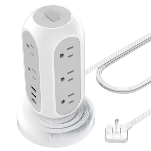11-Outlet Power Strip Charging Tower with 3 USB Ports & 1050J Surge Protector, Ultra Thin Retractable 5ft Cord , Gray