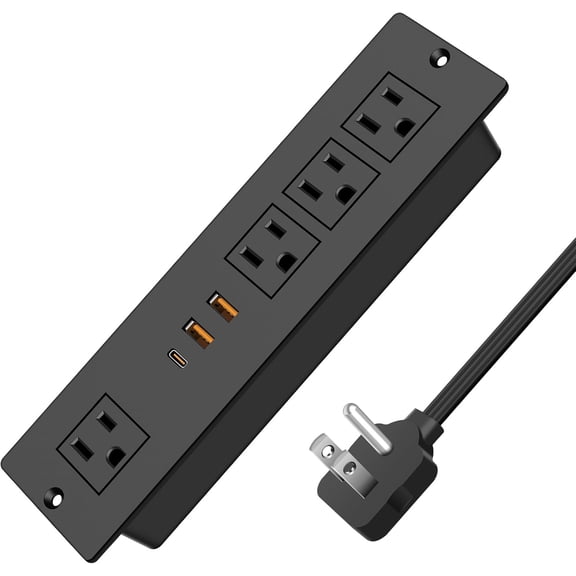 Flat Plug Recessed Power Strip with PD 20W USB-C, Flush Mounted Drawer Outlet, 4 AC Outlets & 3 USB Ports, Conference Desktop Built in Power Strip, 10FT Extension Cord(Black)