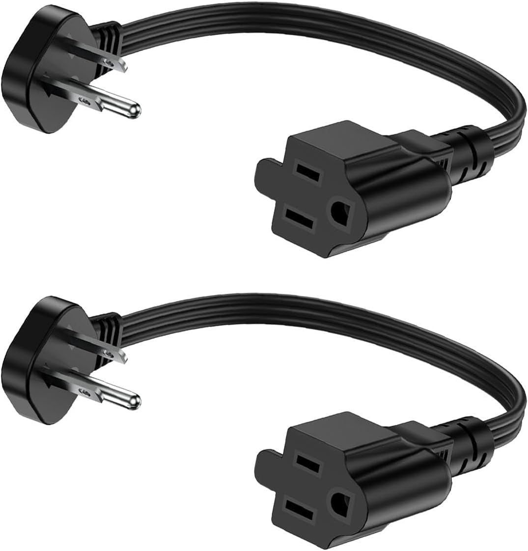 Flat Plug Short Extension Cord 1Ft Low Profile Adapter 3 Prong Indoor Small Grounded Power Cable Outlet Saver 16AWG 13A 1625W Black 2 Pack