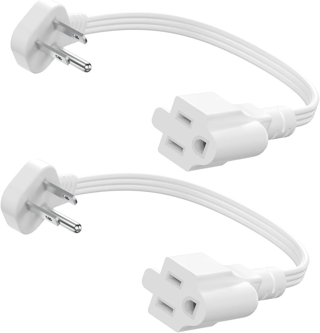 Flat Plug Short Extension Cord 1Ft White Low Profile Adapter 3 Prong Indoor Small Grounded Power Cable Outlet Saver 16AWG 13A 1625W 2 Pack