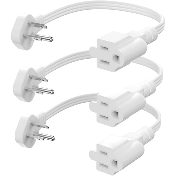 Flat Plug Short Extension Cord 1Ft White Low Profile Adapter 3 Prong Indoor Small Grounded Power Cable Outlet Saver 16AWG 13A 1625W 3 Pack