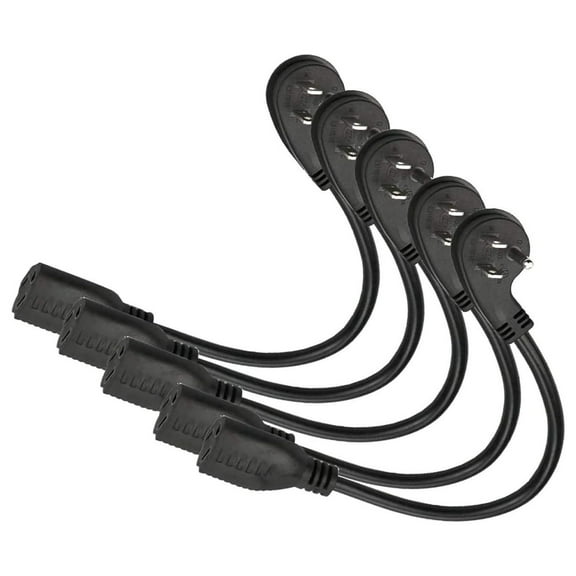 Flat Plug Short Extension Cord, Right Angle 3 Prong, 1625 watts, 16 AWG, 13 amps 125 Volts, UL Listed, 5 Pack, Black 1 Foot by YfulYde