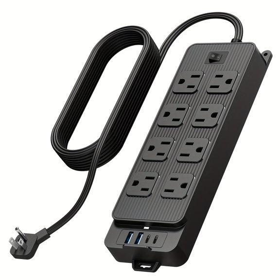 Flat Plug Surge Protector Power Strip, 5/10 Ft Thin Extension Cord, 8 Widely Spaced AC Outlets & 4 USB Ports(2A2C), Desk Charging Station for Home, Dorm, Office & Travel