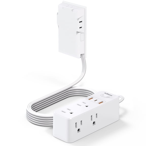 Flat Plug Surge Protector Power Strip, 5ft Extension Cord, 9 Outlets (6 3-Pin + 3 2-Pin) with 3 USB Ports (1 USB-C, 2 USB-A), 1050J, Outlet Cover, White