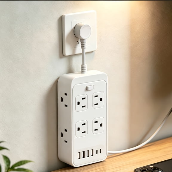Flat Plug Surge Protector Power Strip, 8 AC Outlets, 4 USB-A & 2 USB-C Ports, Wall Mountable, Overload Protection, On Off Switch, Multi Port Charging Hub for Home Dorm Office Travel