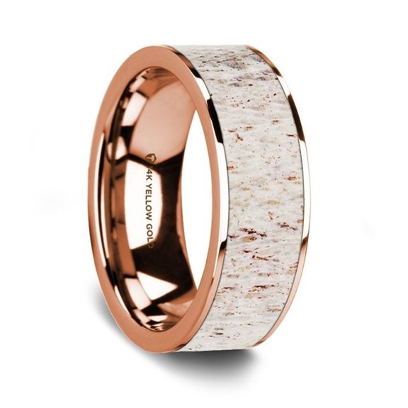 Flat Polished 14K Rose Gold Wedding Ring with White Deer Antler Inlay - 8 mm - Size 10