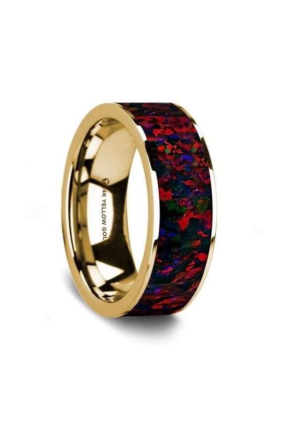 Flat Polished 14K Yellow Gold Wedding Ring with Black and Red Opal Inlay - 8 mm