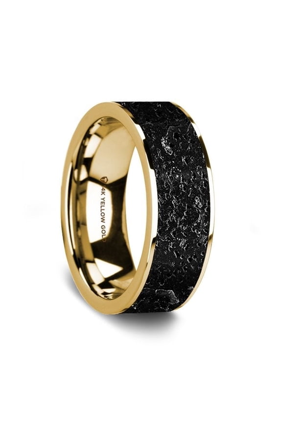 Flat Polished 14K Yellow Gold Wedding Ring with Lava Inlay - 8 mm