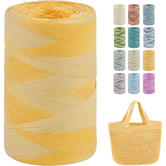 Flat Raffia Yarn for Crochet Bags, 3mm x 218 Yards Rayon Paper Ribbon Crocheting Sun Hat Beach Bag DIY Crafts Wrapping (Gradient Yellow) Gradient Yellow Flat, 3mmx218yd