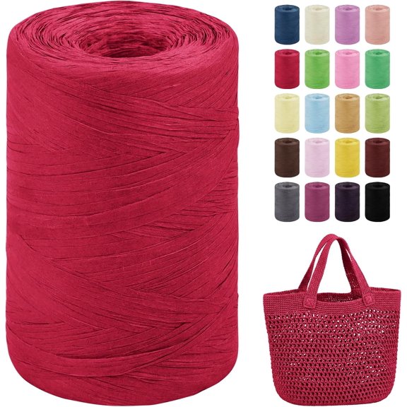 Flat Raffia Yarn for Crochet Bags, 3mm x 318 Yards Rayon Paper Ribbon Crocheting Sun Hat Beach Bag DIY Crafts Wrapping (Red) Red Flat, 3mmx328yd
