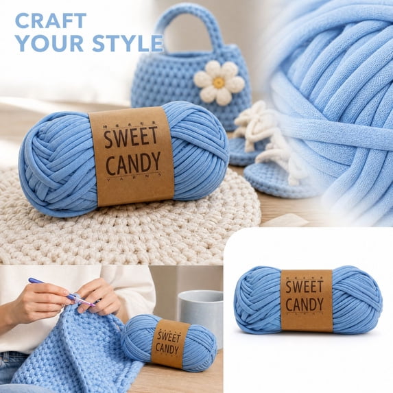 Flat Ribbon Yarn for Crochet, Chunky T-Shirt Yarn for Knitting, Soft Polyester Cord for DIY Slippers Bags Home Decor, Durable Thick Strip Yarn for Beginners Crafters, 1 Skein