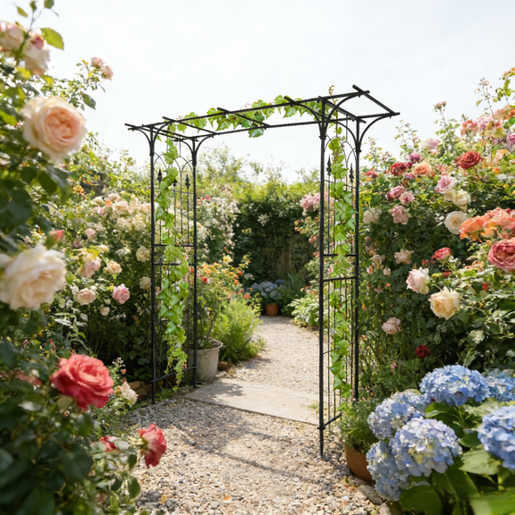 Flat Roof Wrought Iron Garden Arch 82In Powder Coated Rustproof Black Metal Trellis Climbing Plant Support Rose Vines Easy Assembly Staked Ground Free Standing Outdoor Backyard Heavy Duty Decorative