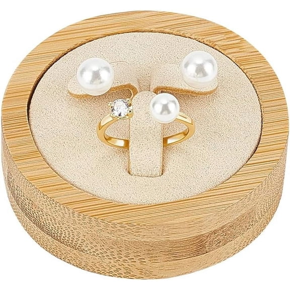 Flat Round Bamboo Wood Ring Display Box 2.4x0.98 inch Wooden Jewelry Ring Storage Box with Wheat Microfiber Inside Ring Gift Box for Stud Earrings Ring Storage Wedding Ceremony for DIY