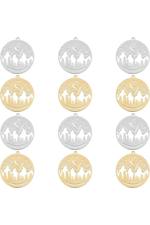 Flat Round Charms Stainless Steel Hollow Mountain Charm Peak Circle Charm Mountain Forest Pendant Minimalist Jewelry Charms