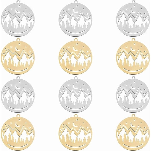 Flat Round Charms Stainless Steel Hollow Mountain Charm Peak Circle Charm Mountain Forest Pendant Minimalist Jewelry Charms