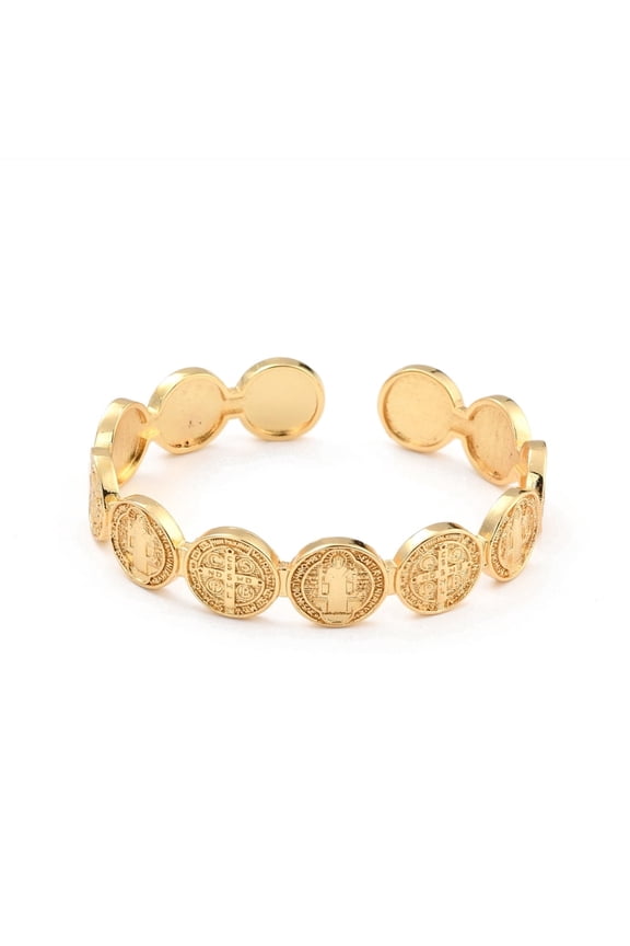 Flat Round With Cross Jesus Cuff Bangle Religion Brass Open Bangle for Women Lead Free & Cadmium Free Real 18K Gold Plated Inner Diameter: 2 inch(5.2cm)x1-3/4 inch(4.3cm)