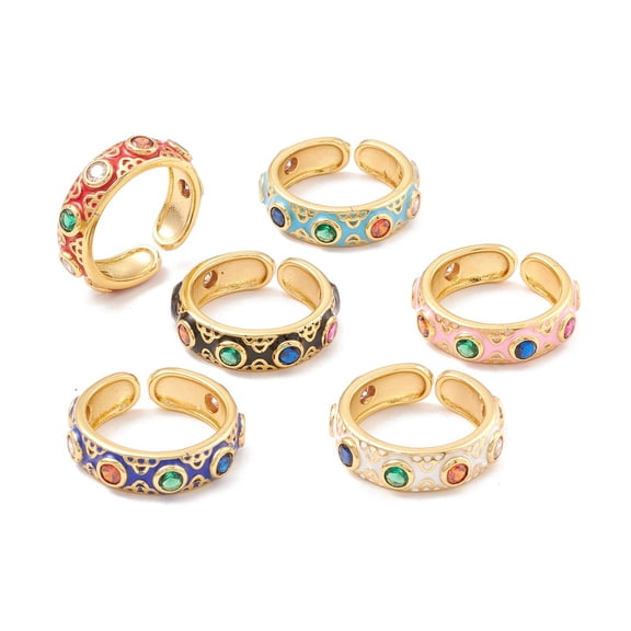 Flat Round Cubic Zirconia Cuff Ring Long-Lasting Plated Brass Enamel Open Ring for Women Golden Mixed Color US Size 7 3/4(17.9mm)
