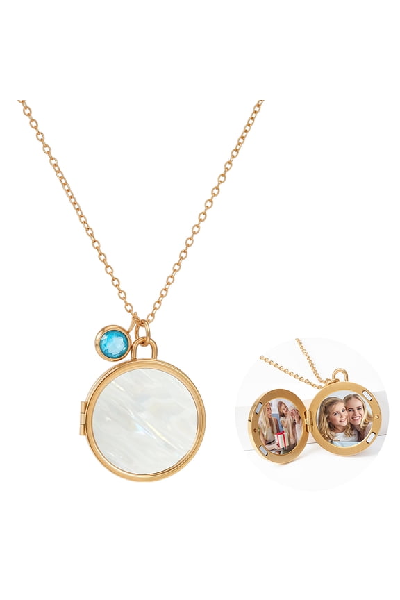 Flat Round Locket Pendant 17.99 Inch Natural Shell Locket Necklace Photo Memory Pendant
