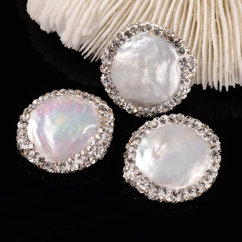 Flat Round Natural Cultured Freshwater Pearl Beads with Polymer Clay Rhinestone Floral White 17~22x5~6mm Hole: 0.5mm