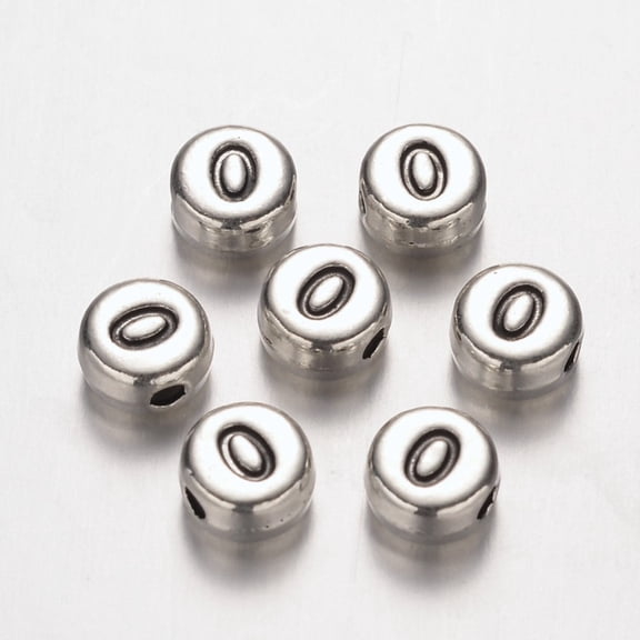 Flat Round Silver Tone Alloy Number Beads Num.0 7x4mm Hole: 1.2mm
