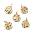 thumbnail image 1 of Flat Round with Word Good Luck Brass Enamel Pendants with Jump Rings Cadmium Free & Nickel Free & Lead Fre Real 18K Gold Plated 15.5x13.5x1.5mm Hole: 3.4mm, 1 of 3