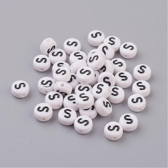 Flat Round with Letter S Acrylic Beads with Horizontal Hole White & Black Size: about 7mm in diameter 4mm thick hole: 1mm