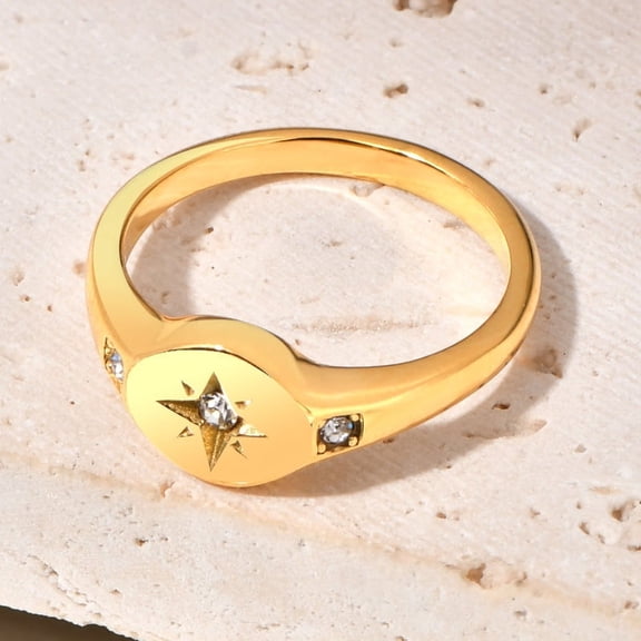 Flat Round with Star Pattern 304 Stainless Steel Micro Pave Clear Cubic Zirconia Finger Rings Golden 8mm Size 7(17.3mm)