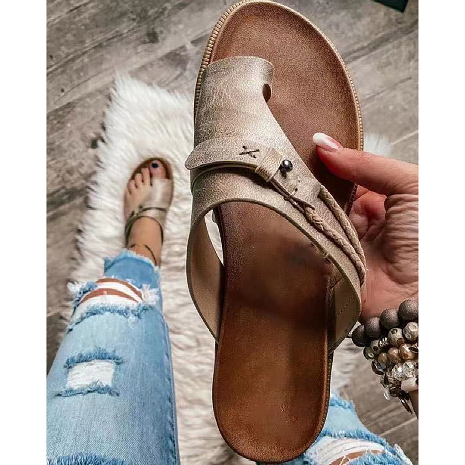 Flat Sandals For Women Comfort Sole PU Leather Shoes Casual Soft