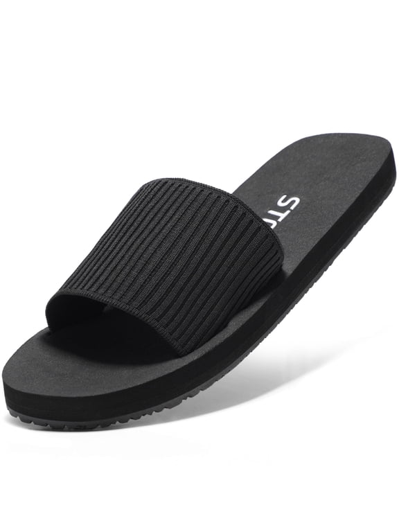 Flat Sandals Memory Foam Slides for Women Slide Sandals All Black Size 10