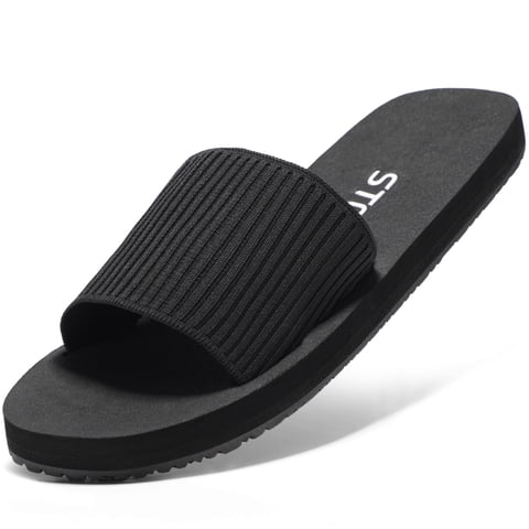 Flat Sandals Memory Foam Slides for Women Slide Sandals All Black Size 7