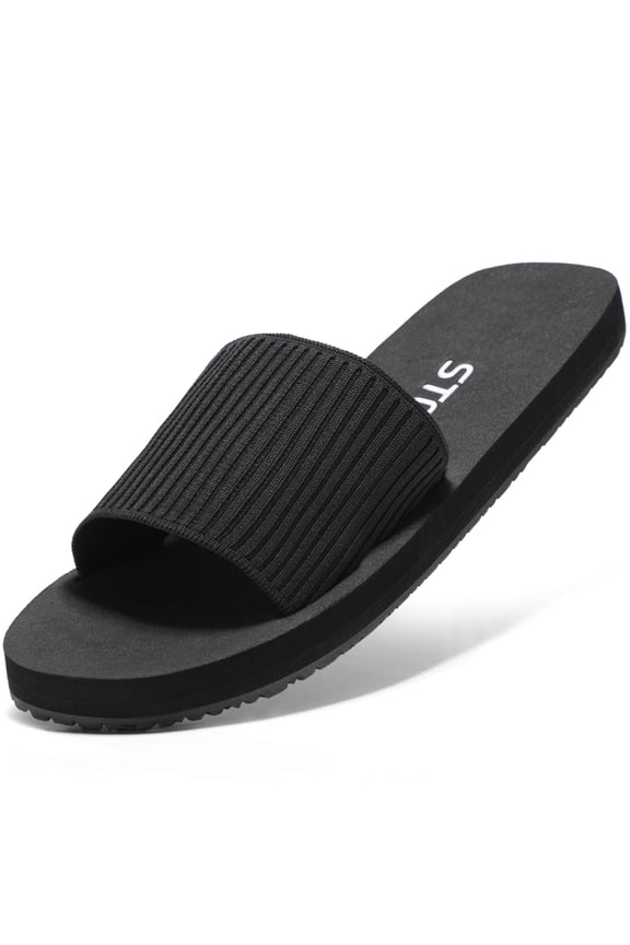 Flat Sandals Memory Foam Slides for Women Slide Sandals All Black Size 7