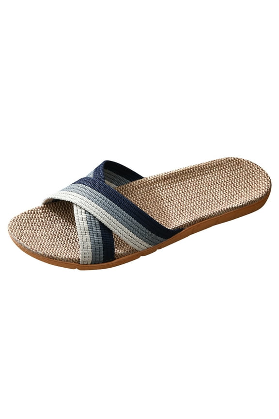 Flat Sandals Slides Women Open Toe Slip On Sandals Straw Sole Slides Shoes Flat Slide Sandals Beach Slides Ladies Comfortable Summer Boho Beach Sandals HSMQHJWE(Navy,10)