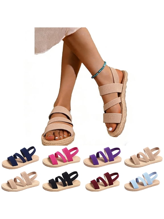 Flat Sandals for Women 2026 Summer Dressy Wide Open Toe Elastic Ankle Strap Espadrilles Platform Casual Sandals Casual Strappy Slip on Beach Boho Sandals Outdoor Shoes,Beige#39