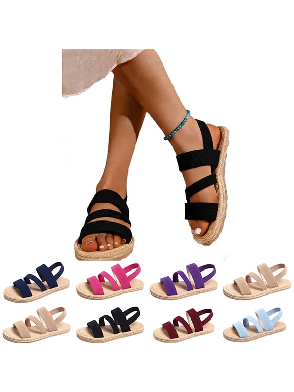 Flat Sandals for Women 2026 Summer Dressy Wide Open Toe Elastic Ankle Strap Espadrilles Platform Casual Sandals Casual Strappy Slip on Beach Boho Sandals Outdoor Shoes,Black#40