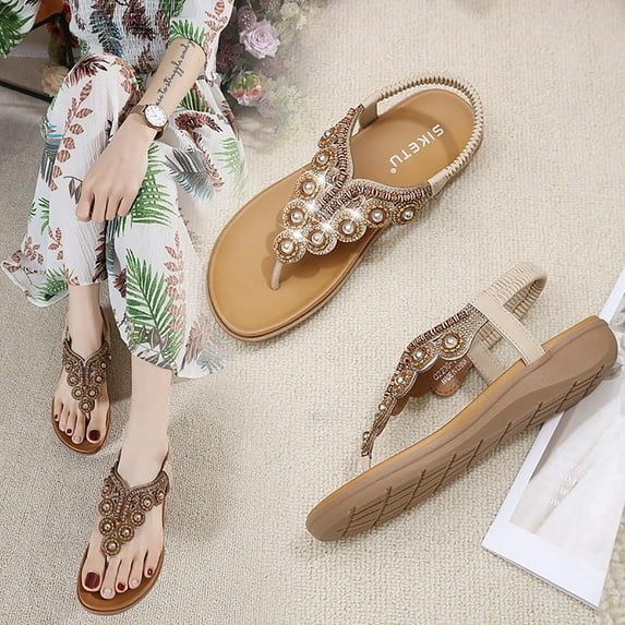 Flat Sandals for Women Dressy Summer Cute Gladiator Slip on Sandal Comfortable Orthopedic T-strap Sandals Ladies Casual Ankle Elastic Bohemian Beach Shoes