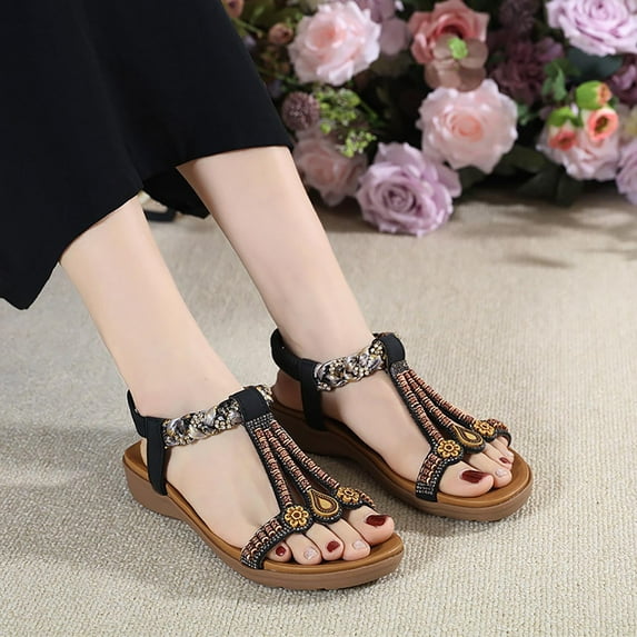 Flat Sandals for Women Dressy Summer Cute Gladiator Slip on Sandal Comfortable Orthopedic T-strap Sandals Ladies Casual Ankle Elastic Bohemian Beach Shoes